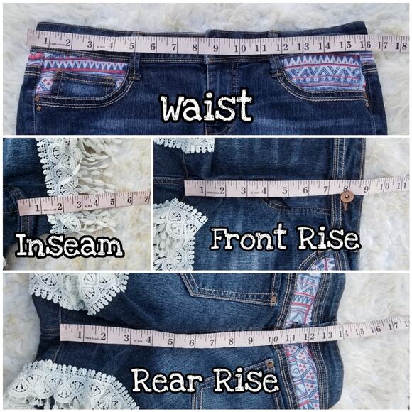 Fringe Trim Shorts Stretch Denim LEI Low Rise Ashley Size 9 Lace Crochet Boho - Picture 5 of 8